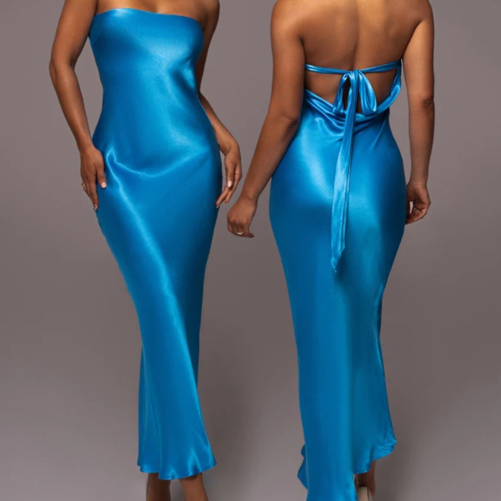 BLUE IRINA SATIN STRAPLESS MAXI DRESS